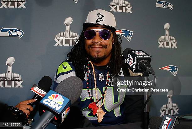 Running back Marshawn Lynch of the Seattle Seahawks speaks during a Super Bowl XLIX media availability at the Arizona Grand Hotel on January 28, 2015...