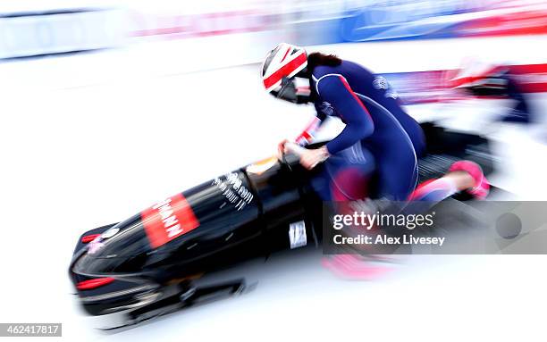 Paula Walker and Rebekah Wilson of Great Britain start heat one of the Women's Bobsleigh competition at the Viessmann FIBT Bob & Skeleton World Cup...