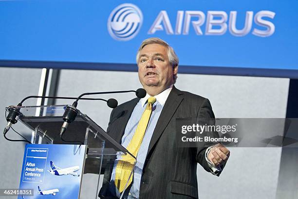 John Leahy, head of sales at Airbus SAS, speaks during the annual news conference at the company's headquarters in Toulouse, France, on Monday, Jan....