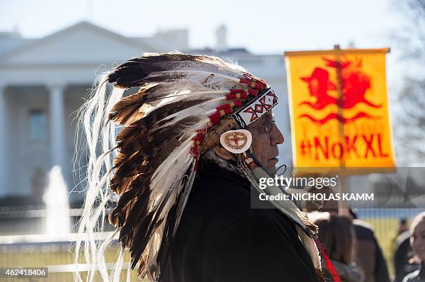 Lakota spiritual leader Chief Arvol Looking Horse attends a demonstration against the proposed Keystone XL pipeline from Canada to the Gulf of Mexico...