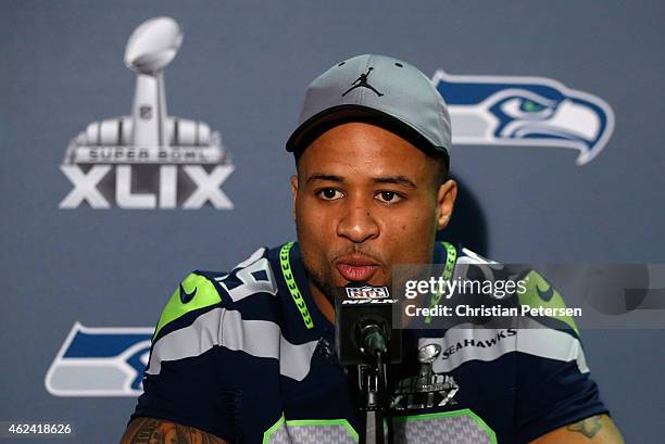 Free safety Earl Thomas of the Seattle Seahawks speaks during a Super Bowl XLIX media availability at the Arizona Grand Hotel on January 28, 2015 in...