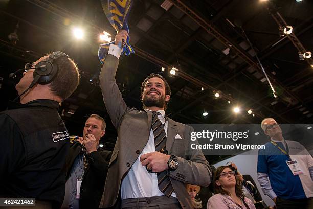 Prince Carl Philip of Sweden joins the stand of the Swedish team to encourage Tommy Myllymki during "Bocuses d' Or" on January 28, 2015 in Lyon,...