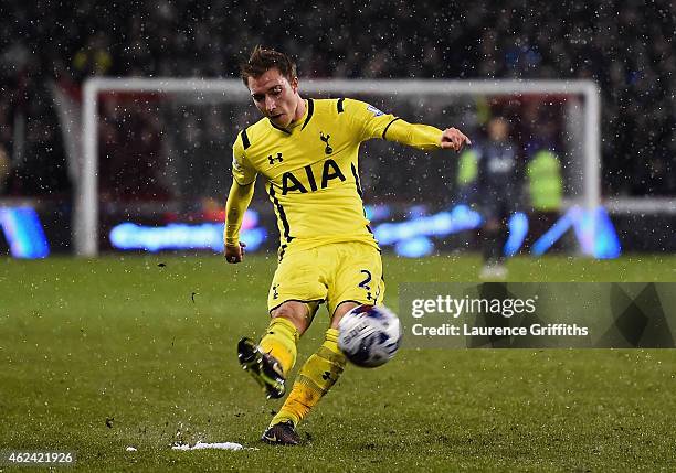 Christian Eriksen of Tottenham Hotspur scores from a free kick during the Capital One Cup Semi-Final Second Leg match between Sheffield United and...