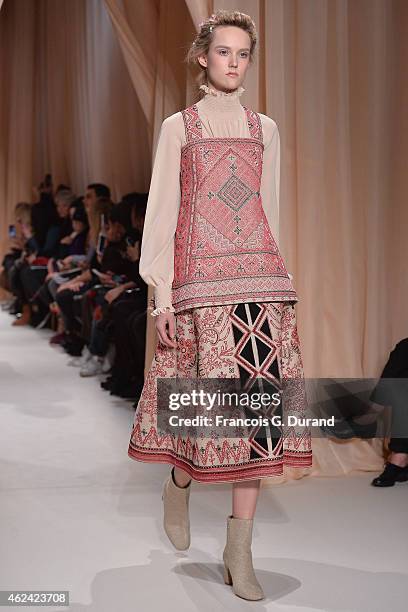 Model walks the runway during the Valentino show as part of Paris Fashion Week Haute Couture Spring/Summer 2015 on January 28, 2015 in Paris, France.