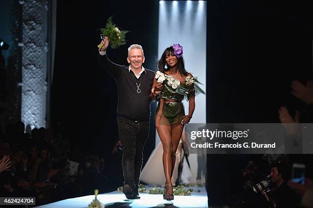 Fashion designer Jean Paul Gaultier and model Naomi Campbell walk the runway during the Jean Paul Gaultier show as part of Paris Fashion Week Haute...