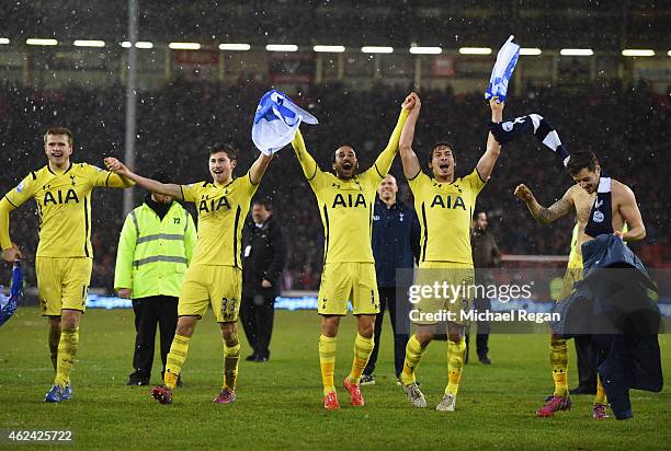 Spurs players celebrate after the Capital One Cup Semi-Final Second Leg match between Sheffield United and Tottenham Hotspur at Bramall Lane on...