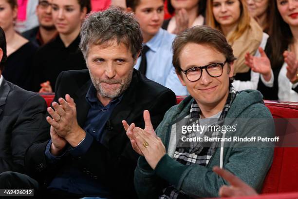 Actors Stephane Guillon and Lorant Deutsch present the theater play 'Le Systeme', performed at Theatre Antoine, during the 'Vivement Dimanche' French...