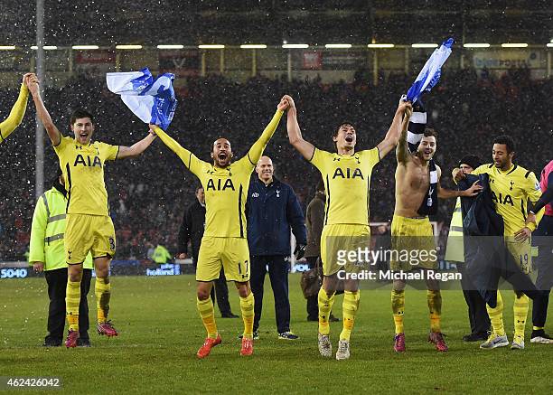 Spurs players celebrate after the Capital One Cup Semi-Final Second Leg match between Sheffield United and Tottenham Hotspur at Bramall Lane on...