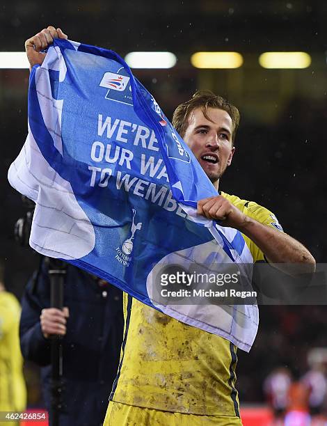 Harry Kane of Tottenham Hotspur celebrates after the Capital One Cup Semi-Final Second Leg match between Sheffield United and Tottenham Hotspur at...