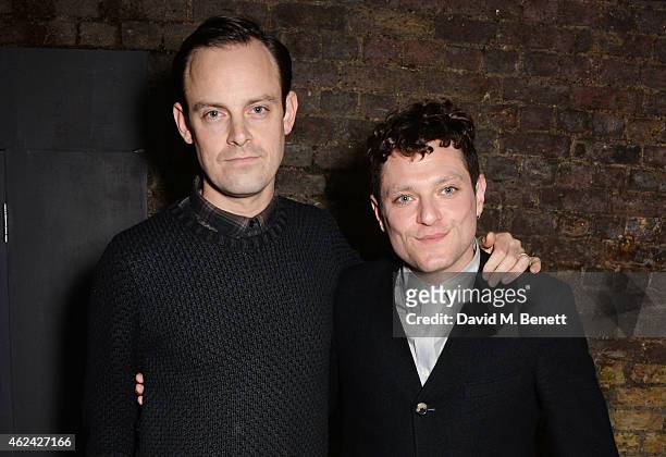 Harry Hadden-Paton and Mathew Horne attend an after party following the Gala Performance of "The Ruling Class" at The Bankside Vaults on January 28,...