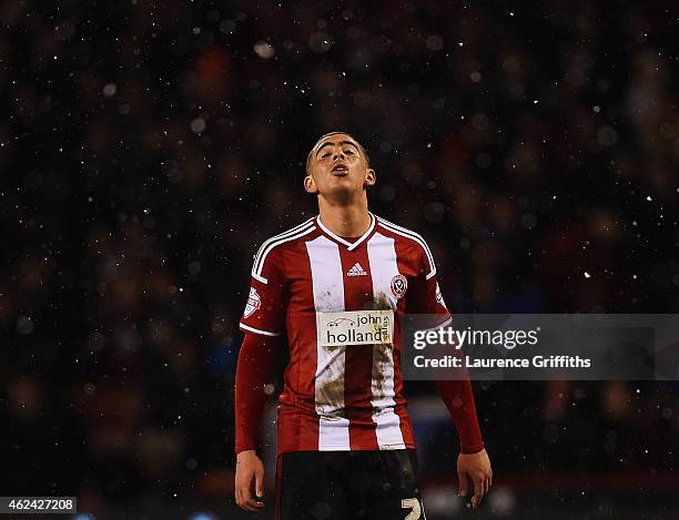 Che Adams of Sheffield United reacts during the Capital One Cup Semi-Final Second Leg match between Sheffield United and Tottenham Hotspur at Bramall...