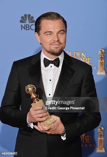 Actor Leonardo DiCaprio poses in the press room during the 71st Annual Golden Globe Awards held at The Beverly Hilton Hotel on January 12, 2014 in...