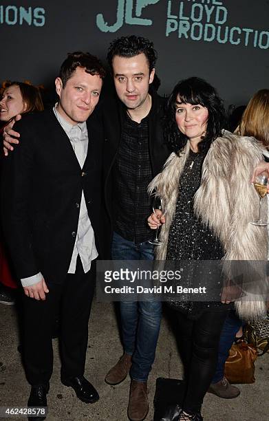 Mathew Horne, Daniel Mays and Lou Burton attend an after party following the Gala Performance of "The Ruling Class" at The Bankside Vaults on January...