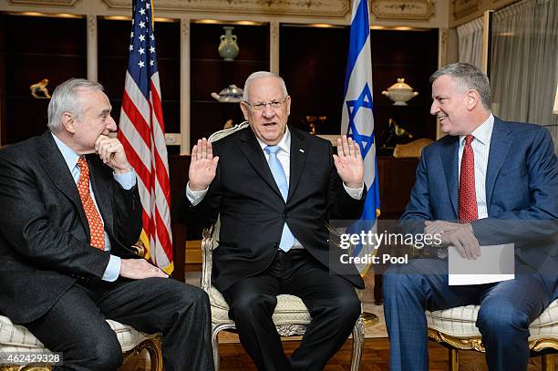 Reuven Rivlin, President of Israel meets with NYPD Comissioner William Bratton and New York City Mayor Bill de Blasio at the Park Lane Hotel, on...