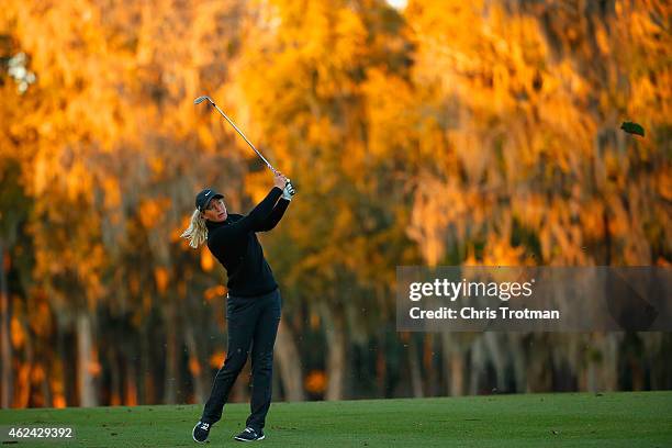 Suzann Pettersen of Norway hits her third shot on the 18th hole at the Coates Golf Championship Presented by R+L Carriers - Round One at the Golden...