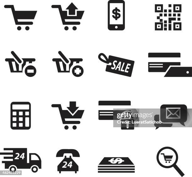 ilustraciones, imágenes clip art, dibujos animados e iconos de stock de e-commerce silueta de iconos - qr-code-scan-icon