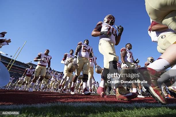 101st Rose Bowl: Florida State Josue Matias and Tre' Jackson take field with teammates before College Football Playoff Semifinal vs Oregon at Rose...