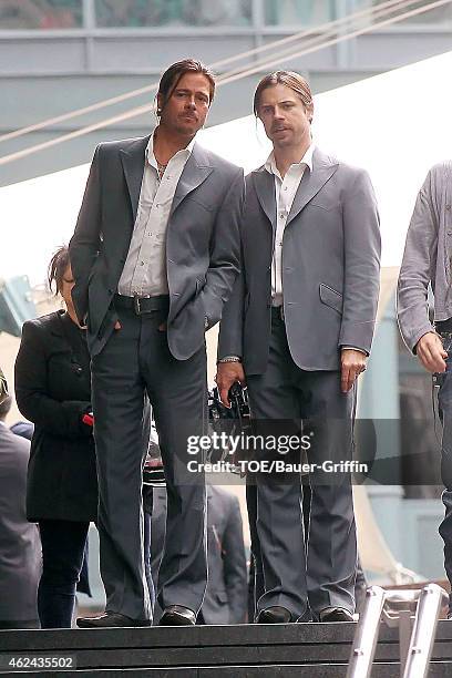 Brad Pitt is seen on the movie set of 'The Counselor' on August 04, 2012 in London, United Kingdom.