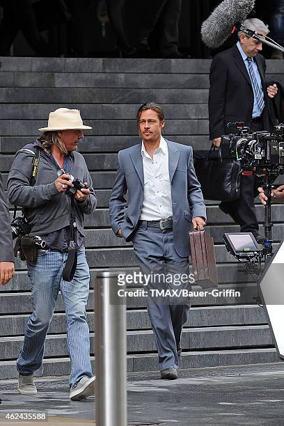 Brad Pitt is seen on the movie set of "The Counselor" on August 04, 2012 in London, United Kingdom.