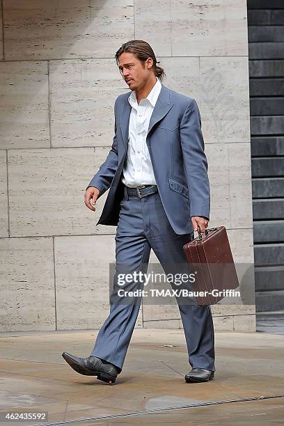 Brad Pitt is seen on the movie set of 'The Counselor' on August 04, 2012 in London, United Kingdom.