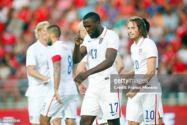 Jozy Altidore of USA celebrates after scoring the second goal of his team during an international friendly match between Chile and USA at El Teniente...