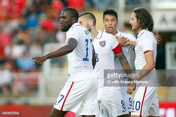 Jozy Altidore of USA celebrates after scoring the second goal of his team during an international friendly match between Chile and USA at El Teniente...