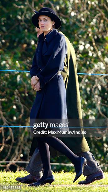 Alexandra Knatchbull leaves St. Mary Magdalene Church, Sandringham after attending Sunday service with Queen Elizabeth II and Prince Philip, Duke of...