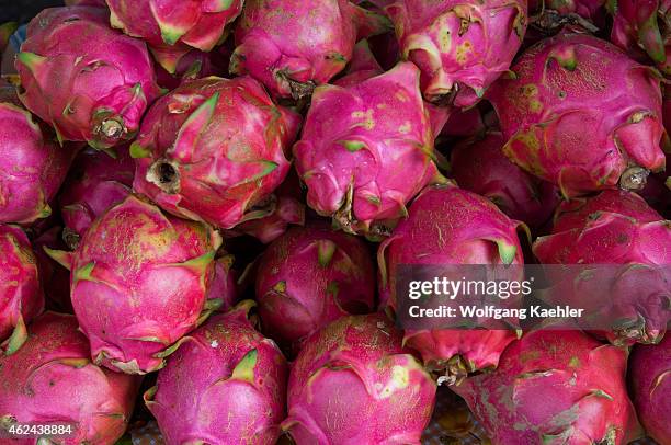 Close-up of dragon fruits at the morning market in downtown Vientiane, the capital and largest city of Laos.