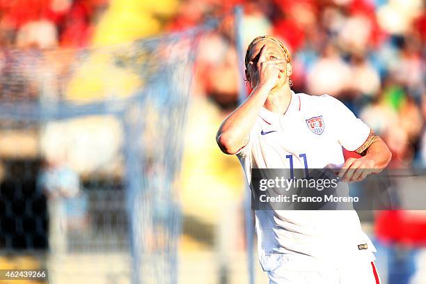 Brek Shea of USA celebrates after scoring the first goal of his team during an international friendly match between Chile and USA at El Teniente...