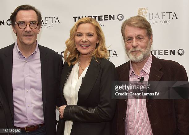 Stephen Segaller, Kim Cattrall, and Richard Denton attend the 'Shakespeare Uncovered' premiere at The Players Club on January 28, 2015 in New York...