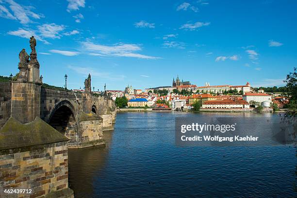 On the Charles Bridge in Prague, the capital and largest city of the Czech Republic, with Prague Castle in background.