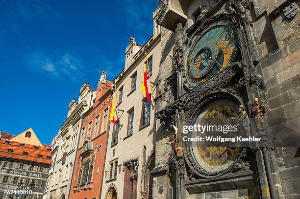 The medieval astronomical clock adorns the southern wall of the Old Town City Hall in the Old Town Square of Prague, Czech Republic.. It announces...