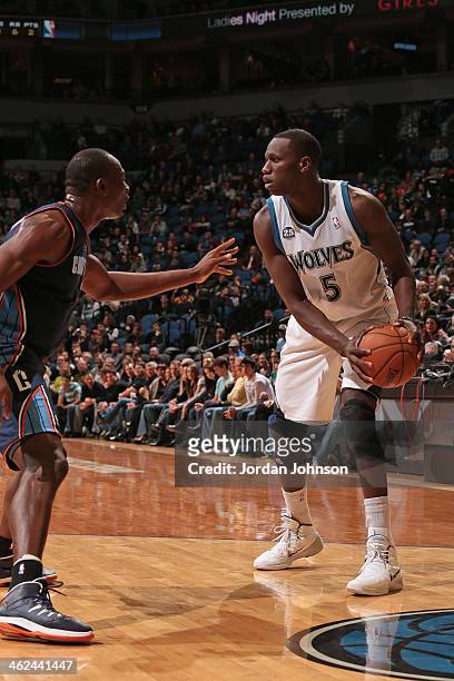 Gorgui Dieng of the Minnesota Timberwolves looks to drive to the basket against the Charlotte Bobcats on January 10, 2014 at Target Center in...