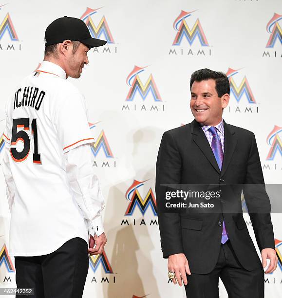 Miami Marlins president David Samson and Ichiro Suzuki are seen during the press conference at the Capitol Hotel Tokyu on January 29, 2015 in Tokyo,...