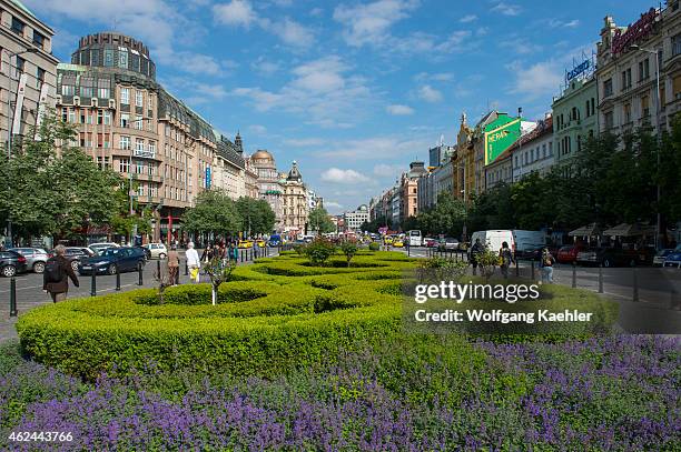 Wenceslas Square is one of the main city squares and the center of the business and cultural communities in the New Town of Prague, Czech Republic.