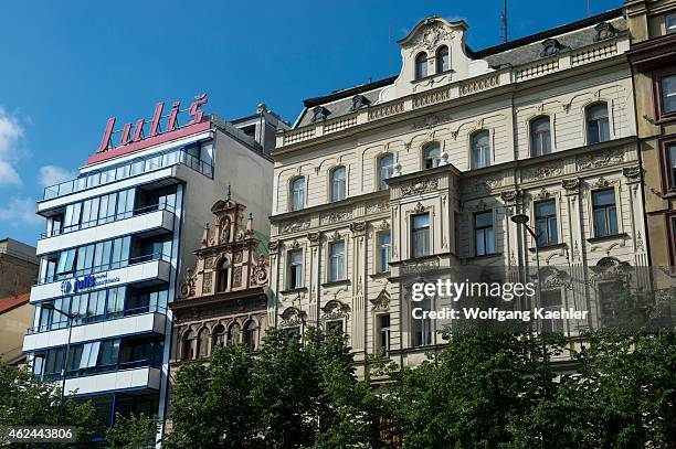 Architecture at Wenceslas Square which is one of the main city squares and the center of the business and cultural communities in the New Town of...