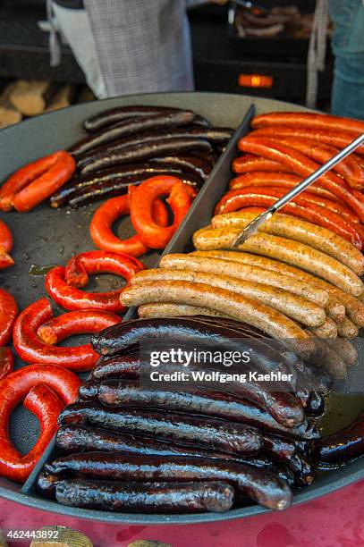 Typical Czech sausage stand on Wenceslas Square which is one of the main city squares and the center of the business and cultural communities in the...