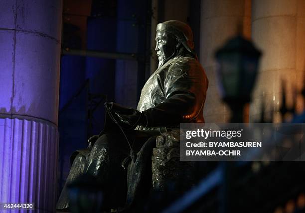 Mongolia-China-US-television-culture, FEATURE by Khaliun Bayartsogt This picture taken on January 28, 2015 shows the statue of Kublai Khan in front...