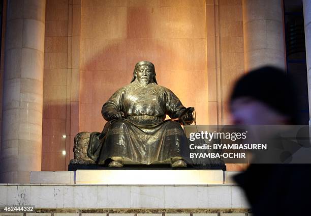 Mongolia-China-US-television-culture, FEATURE by Khaliun Bayartsogt This picture taken on January 28, 2015 shows the statue of Kublai Khan in front...