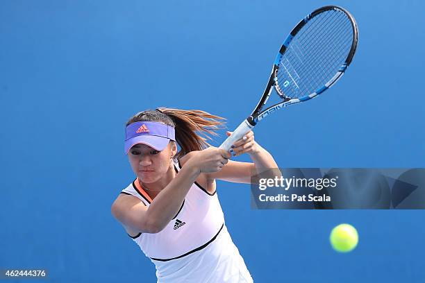 Shilin Xu of China in action in their match with Sara Tomic of Australia against Miriam Kolodziejova of the Czech Republic and Marketa Vondrousova of...