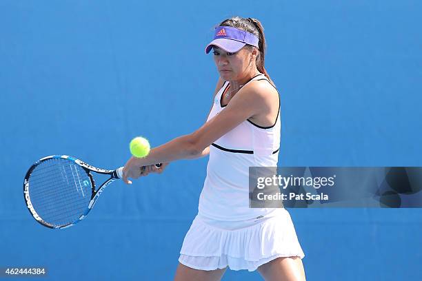 Shilin Xu of China in action in their match with Sara Tomic of Australia against Miriam Kolodziejova of the Czech Republic and Marketa Vondrousova of...