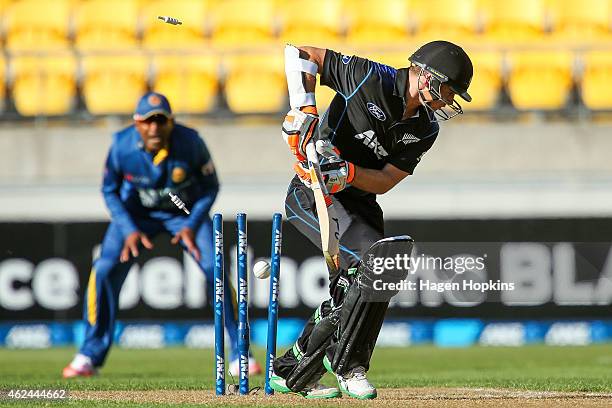 Tom Latham of New Zealand is bowled out by Shaminda Eranga of Sri Lanka during the One Day International match between New Zealand and Sri Lanka at...