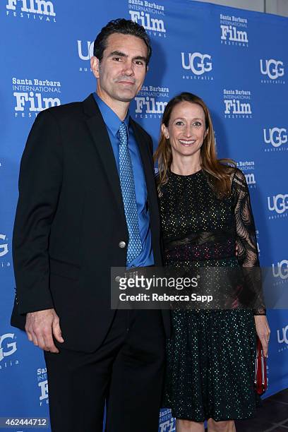 Actor Capkin Van Alphen and Celine Cousteau attend the "Attenborough Award" honoring the Cousteau family and world premiere screening of "Secret...
