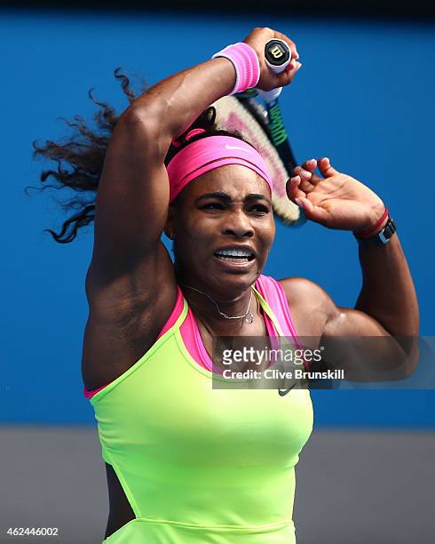 Serena Williams of the United States plays a backhand in her semifinal match against Madison Keys of the United States during day 11 of the 2015...
