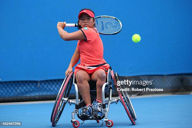 Yui Kamiji of Japan in action in her match against Sabine Ellerbrock of Germany in Women's Wheelchair Singles - Semifinals during the Australian Open...