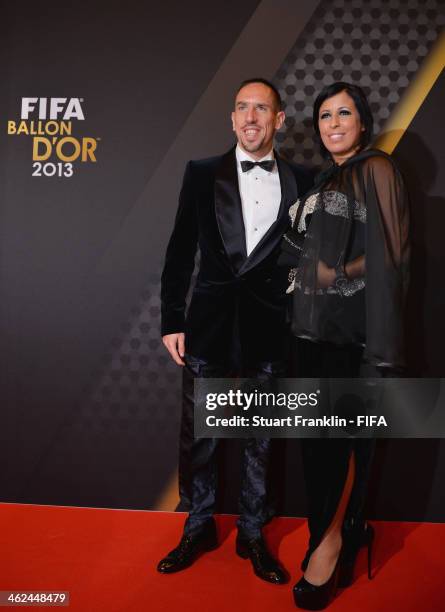 Ballon d'Or nominee Franck Ribery of France and Bayern Munich and Wahiba Belhami arrive during the FIFA Ballon d'Or Gala 2013 at the Kongresshaus on...