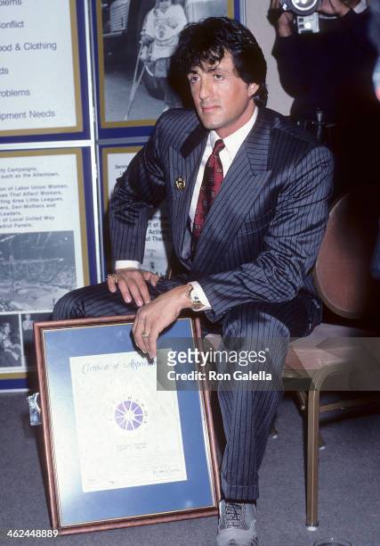 Actor Sylvester Stallone attends the Press Conference to Announce the Teamster's "Crusade for a Drug-Free American" Campaign on October 28, 1986 at...