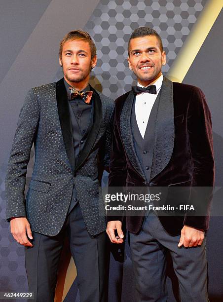 Neymar and Dani Alves of Barcelona arrive during the FIFA Ballon d'Or Gala 2013 at the Kongresshaus on January 13, 2014 in Zurich, Switzerland.