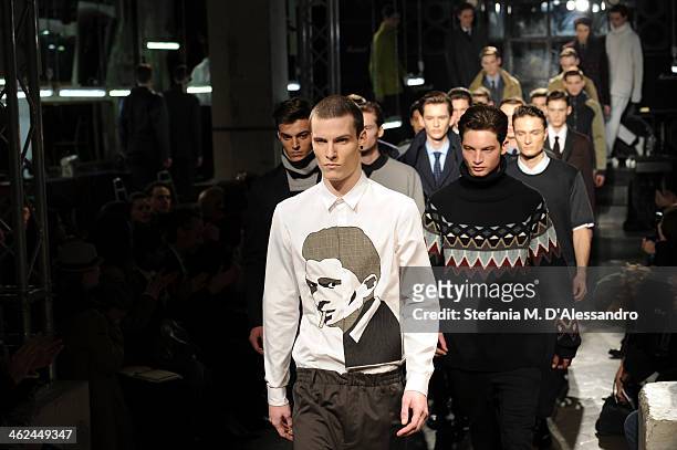Models walk the runway during the Marras show as a part of Milan Fashion Week Menswear Autumn/Winter 2014 on January 13, 2014 in Milan, Italy.