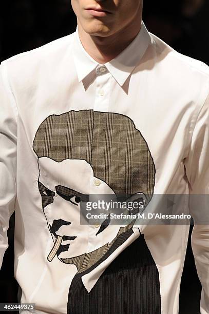 Model walks the runway during the Marras show as a part of Milan Fashion Week Menswear Autumn/Winter 2014 on January 13, 2014 in Milan, Italy.